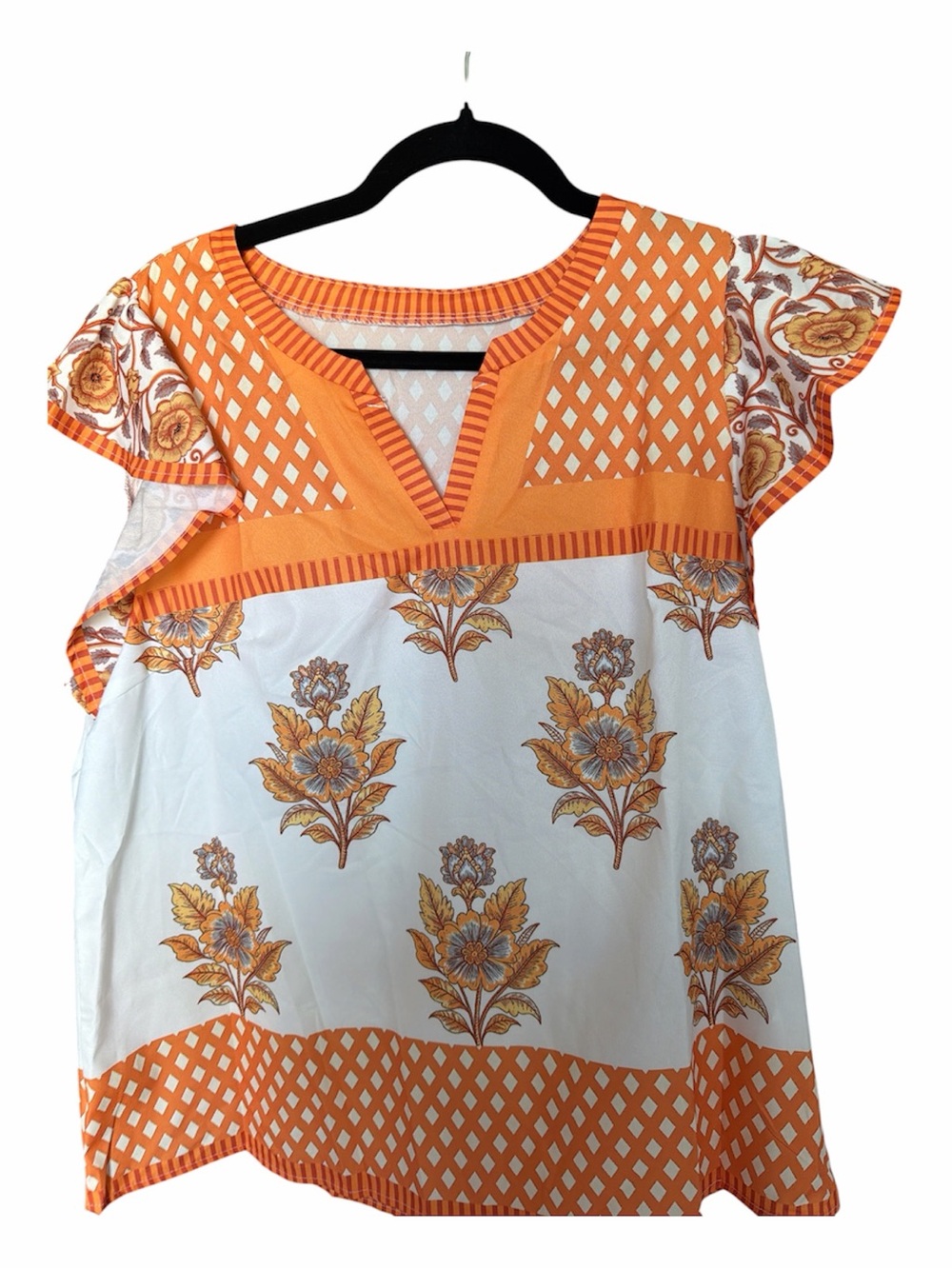 Orange Floral V-Neck Flutter Sleeve Tunic